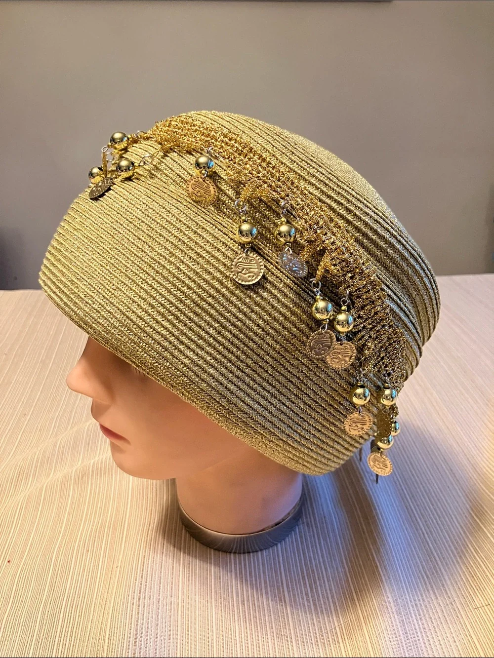 Chic Metallic Gold Decorative Women's Hat with Gold Coin Fringe Trim